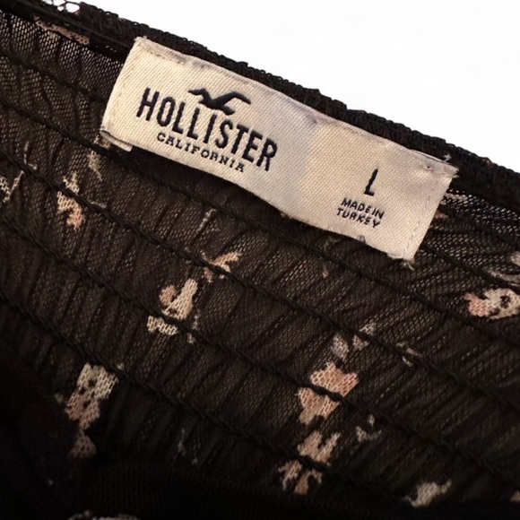 ✨ Hollister Black Floral Ruched Mini Dress Sheer Sleeves Smocked Back Size L - Picture 6 of 8